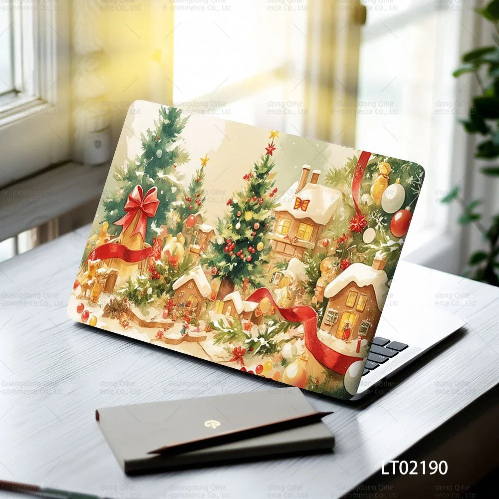 2PCS Christmas Flower Laptop Skin Stickers - Festive Holiday Floral Oil Painting Design, Waterproof PVC Decal Computer Decor