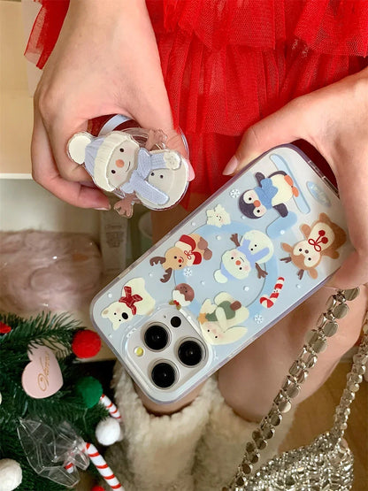 3D Cartoon  Christmas Snowman magnetic holder Phone Case for Iphone16 15 14 13 ProMax Shockproof  Soft Cute Anti-drop Back Cover