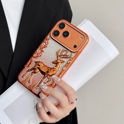 3D Deer Diamond Phone Case For iPhone 17 16 15 14 13 12 Pro Max 17pro Air Shiny Glitter Electroplated TPU Shockproof Soft Cover