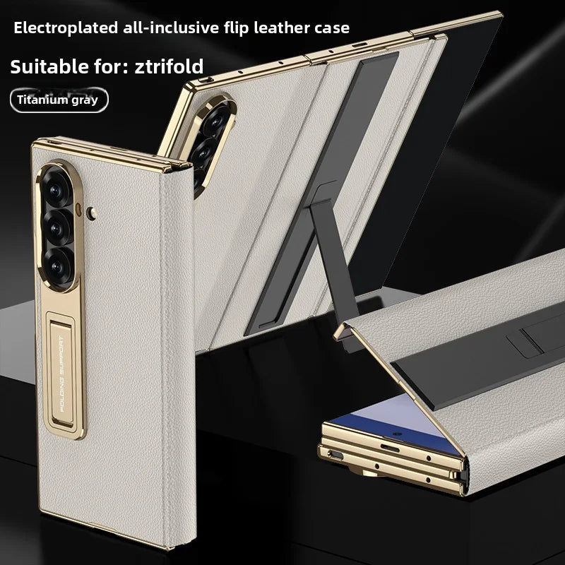 For Samsung Galaxy Z TriFold Case Luxury PU Leather Bracket Stand Glass Film Protective Back Cover For Z TriFold Phone Shell