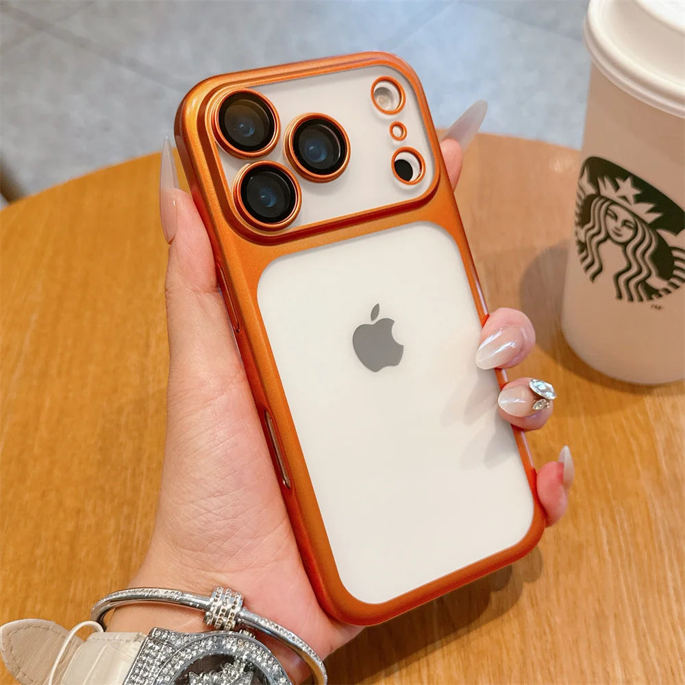 Luxury Frosted Transparent Matte Phone Case For iPhone 17 Pro Max Full Lens Protection Metallic Color Frame Armor Back Cover