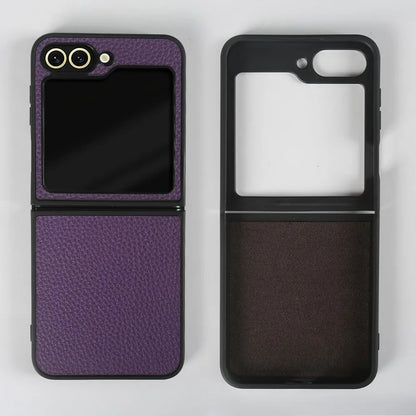 Luxury Genuine Leather Case For Samsung Galaxy Z Flip6 Cases for galaxy Z Flip 6 phone Cover Litchi Pattern Cowhide Coque Shell