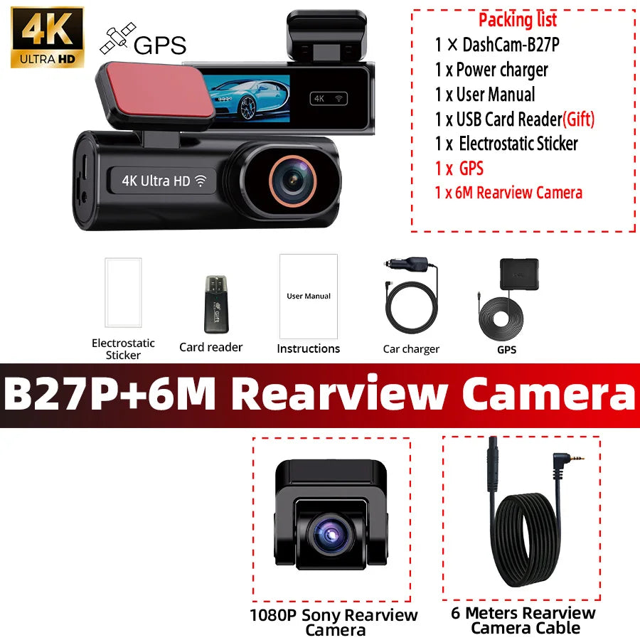 ACCEO Dash Cam WIFI GPS Mini CAR DVR Front 4K And Rear 1080P Dual Lens Black Box Room Camera Night Vision 24H Parking Monitor