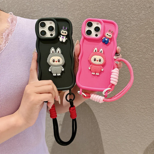 3D Cute Cartoon Animals Silicone Soft Phone Case with Wrist Strap For iPhone 16 Pro Max 15 14 13 Wave Edge Frame Candy Cover