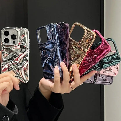 Luxury Electroplate Silvery 3D Wrinkle Phone Case For iphone 16 15 14 13 11 12 Pro Max Purple Water Ripple Shockproof Soft Cover