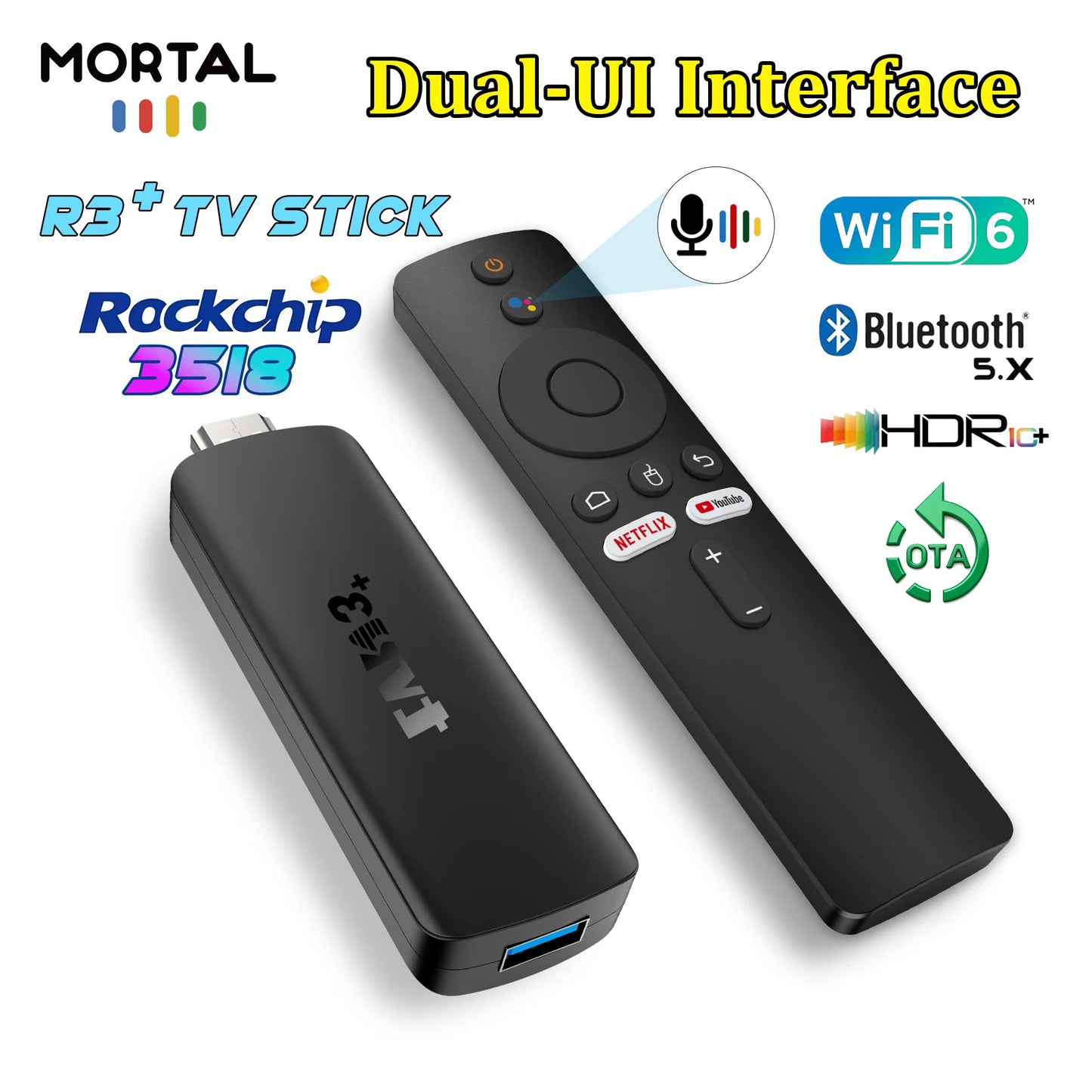 TVR3+ Android 14 TV Stick Full HD 8K 1080P WiFi 6 Google Voice NETFLIX Youtube Bluetooth 5.4 Wireless Video Decode Media Player