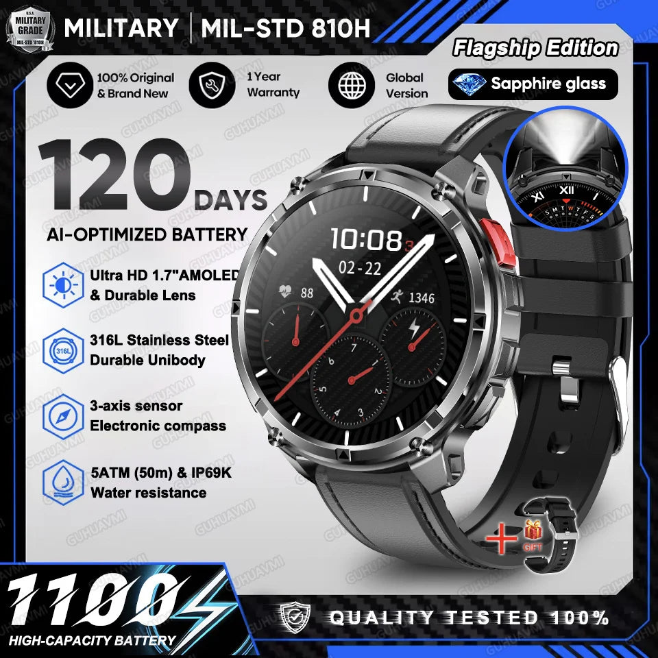 2026 New T-Rex 3 Ultra 1100mAh Military Smart Watch Men 5ATM Waterproof 1.7" AMOLED Screen Bluetooth Call Compass LED Flashlight