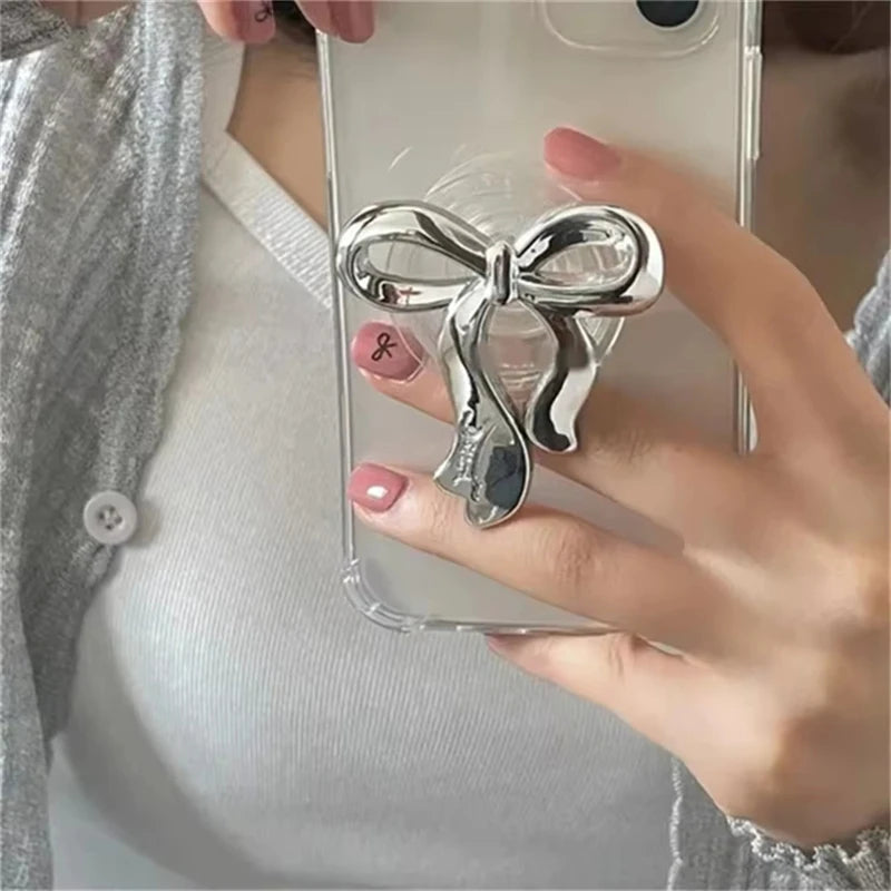 Korean Cute Silvery Bowknot Griptok Clear Phone Finger Ring Holder Stand Support For iPhone Samsung Foldable Socket Girl Bracket