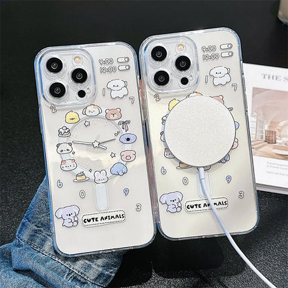 Cute Cartoon Animal Dog Cat Magsafe Clear Phone case For iPhone 11 12 13 14 15 16 Pro Max Plus Wireless Charging Magnetic Cover