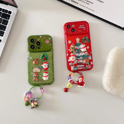 Cartoon 3D Christmas Elk Pendant Case For iPhone 17 16 15 14 13 12 11 Pro Max Plus Santa Claus Bell Keychain Stand Holder Cover