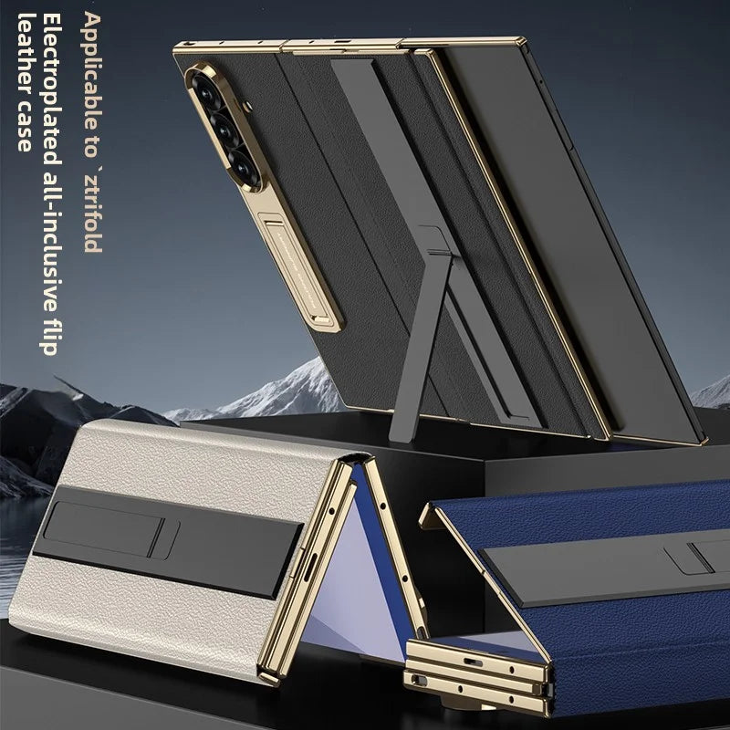 For Samsung Galaxy Z TriFold Case Luxury PU Leather Bracket Stand Glass Film Protective Back Cover For Z TriFold Phone Shell