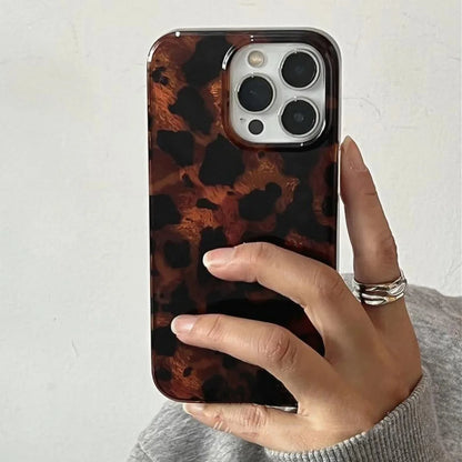 Retro Amber Texture Laser Phone Case For iPhone 16 Pro Max 15 14 13 12 11 XS X XR 7 8 Plus Stylish Leopard Print Back Soft Cover