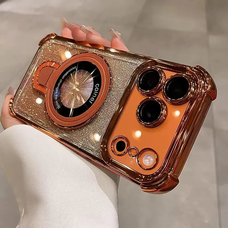 Plating for Magsafe Glitter Bracket Case for iPhone 17 16 15 Pro Max 14 Plus Air 11 12 13 Gradient Stand Airbag Shockproof Cover