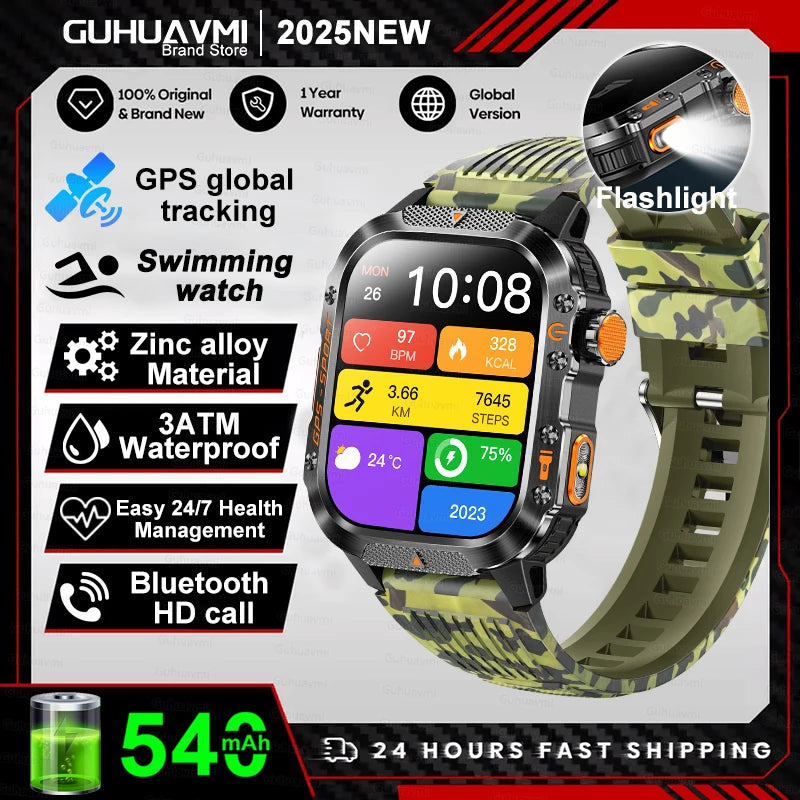 2025New GPS Smart Watch For Xiaomi IOS Military Compass Flashlight Smartwatch Men 10ATM Waterproof 100+Sport Modes BT Call Watch