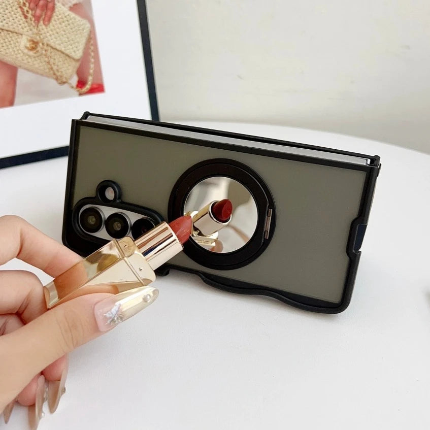 360 Rotating Mirror Stand Bracket Magnetic Case for Samsung Galaxy Z Fold7 Z Fold 6 5 4 3D Wave Border Shockproof Bumper Fundas