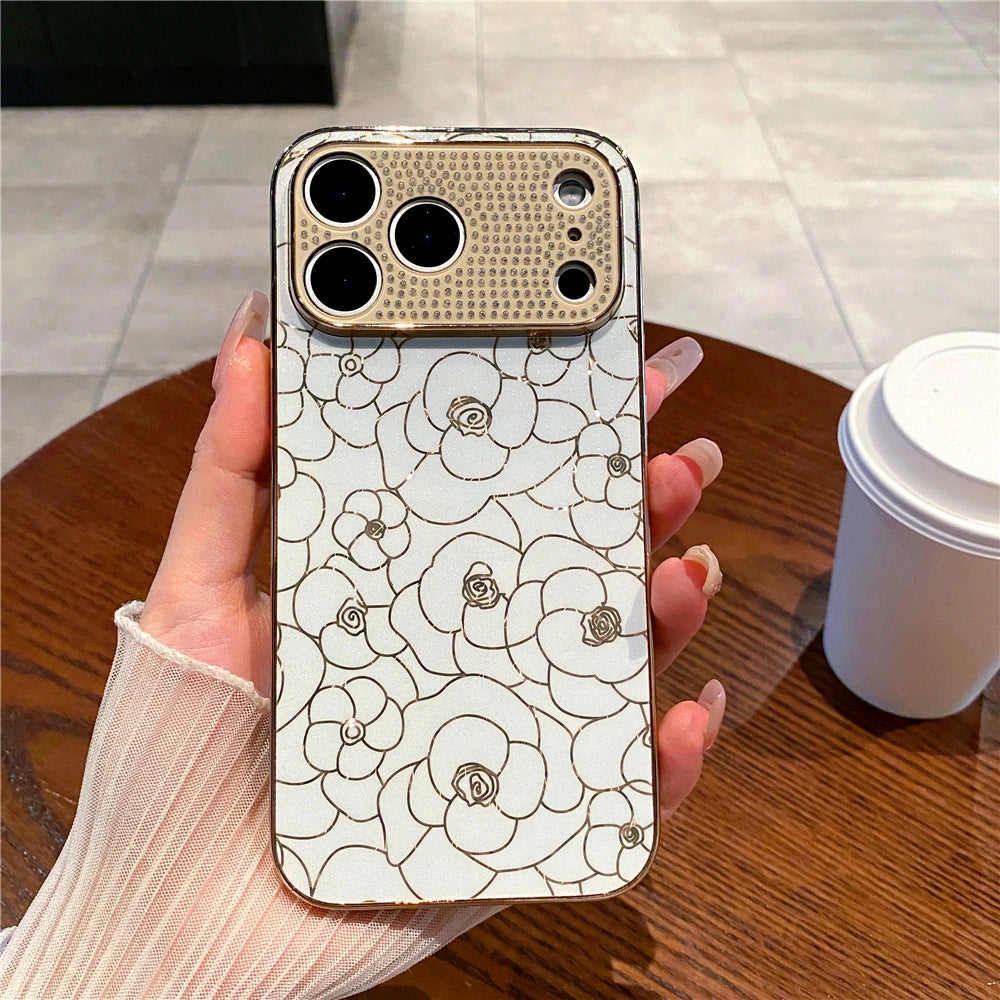 Luxury Plating Diamond Cover Glitter Gold Line Rose Flower Phone Case for iphone 17 PRO MAX 17 AIR 16 PRO MAX 16E 13 14 15 Plus