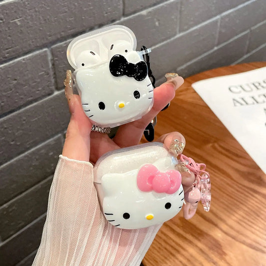 Cute Pink Black Hello KT Cat Cover for AirPods 4 Cartoon Earphone Case for Airpods Pro2 Pro 3 2 1 Protective Cover with Keychain