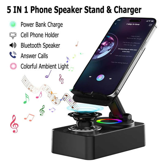 Wireless Audio Bluetooth Speaker withPower Bank, 5 in 1 Emergency Charging LEDPhone Holder Festival Gifts for Friend Family