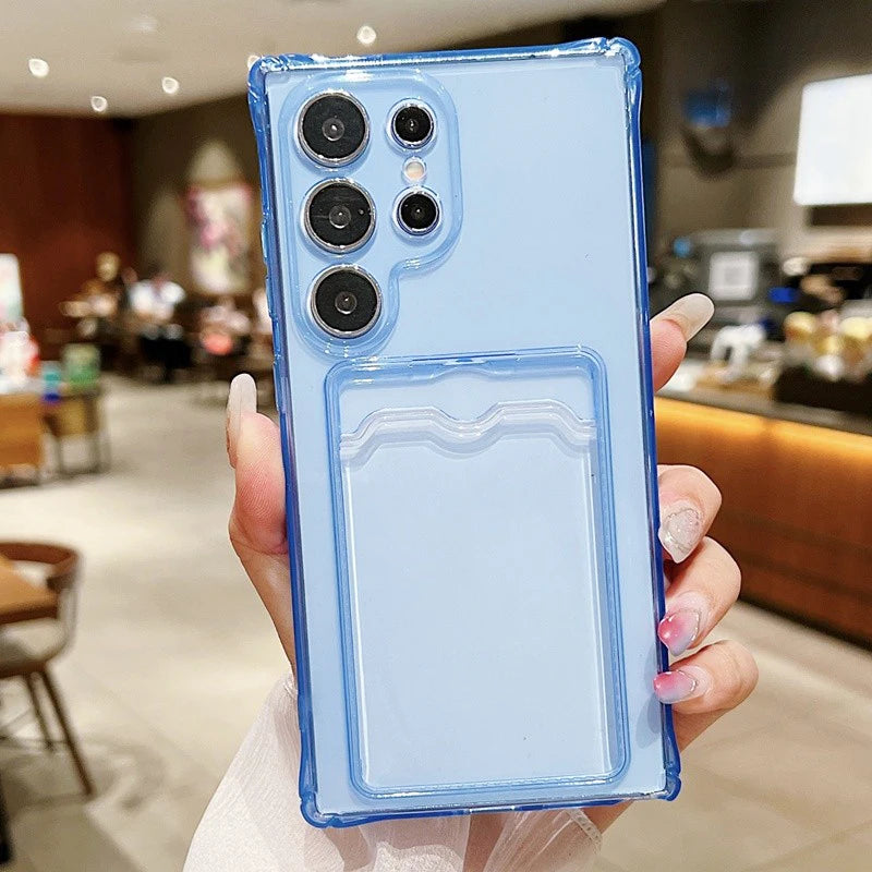 Luxury Card Pocket Silicone Soft Case For Samsung Galaxy S25 S24 S23 S21 FE S22 Ultra Plus Card Bag Clear Shockproof Fundas