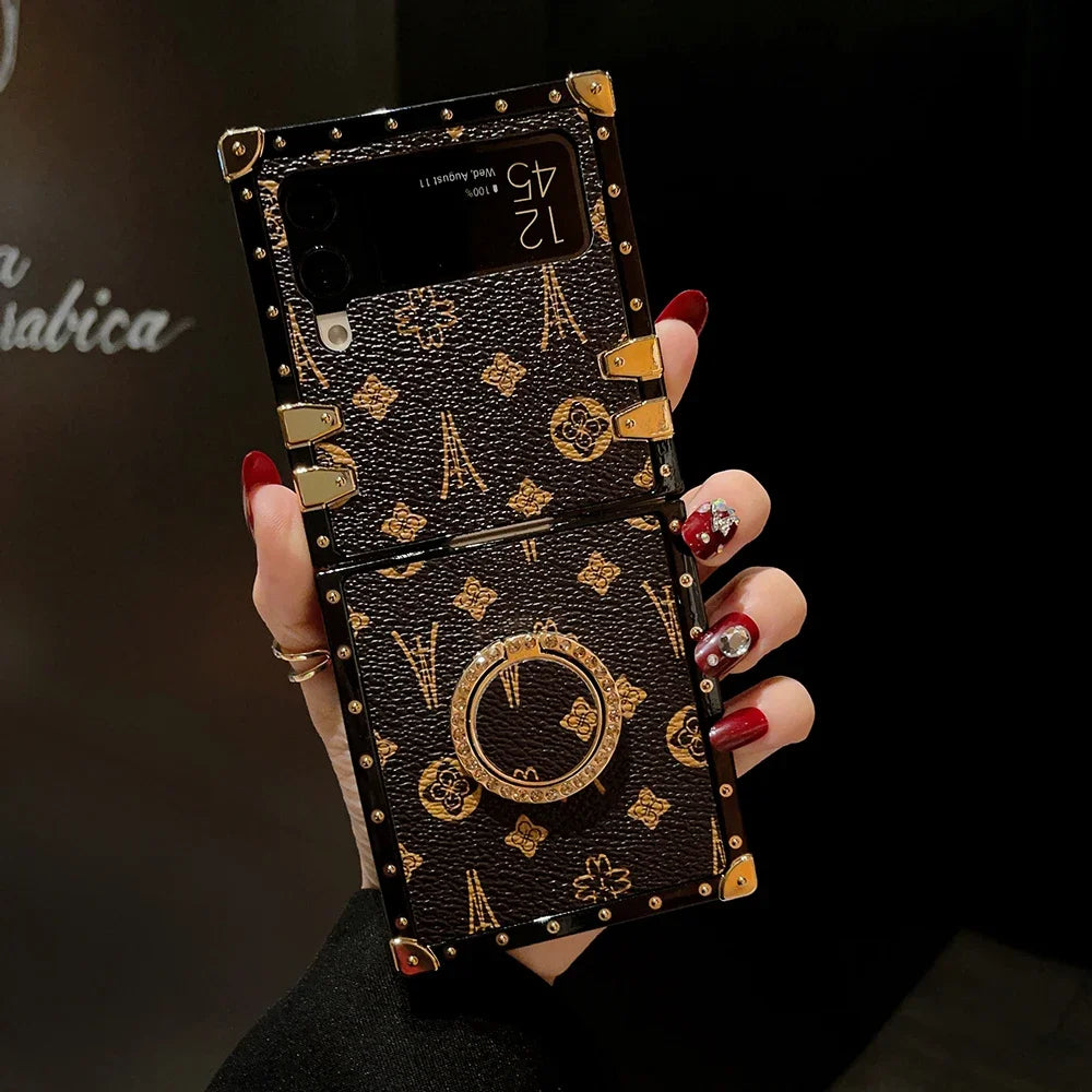 Retro PU Leather Flower Square Phone Cover For Samsung Galaxy Z Flip 6 5 4 Case Punk Shockproof For Galaxy Z Flip 3 Ring Holder