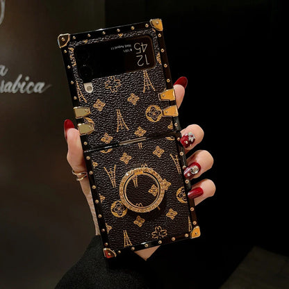 Retro PU Leather Flower Square Phone Cover For Samsung Galaxy Z Flip 6 5 4 Case Punk Shockproof For Galaxy Z Flip 3 Ring Holder