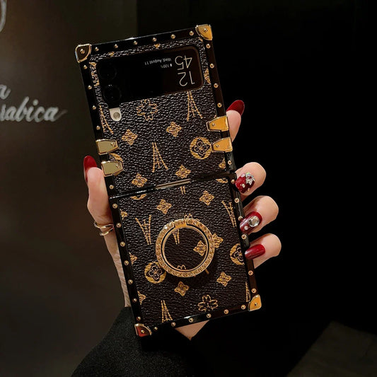 Retro PU Leather Flower Square Phone Cover For Samsung Galaxy Z Flip 6 5 4 Case Punk Shockproof For Galaxy Z Flip 3 Ring Holder