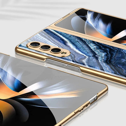Luxury Plating Frame Case For Samsung Galaxy Z Fold 4 5G Painted Pattern Tempered Glass Hard Cover For Galaxy Z Fold5 4 3 Case