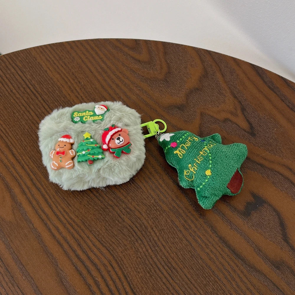 Cute 3D Xmas Cartoon Plush Earphone Case for AirPods 4 3 Pro 2 1, Merry Christmas Tree Pendant Bear Santa Claus Protective Cover