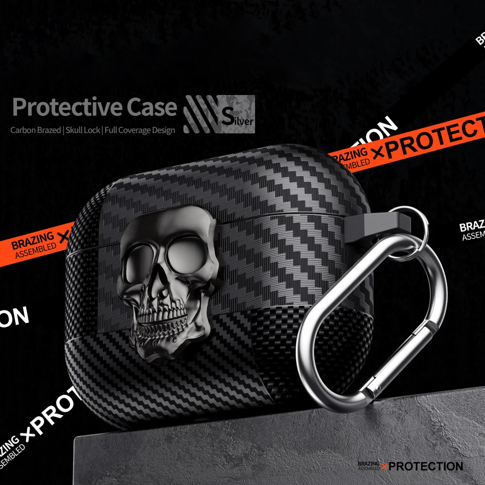 New Earphone Protector Case For Airpods Pro 2 3 4 ANC Cover With Carabiner Rotating Skull Secure Lock Clip Headphone Cases Funda