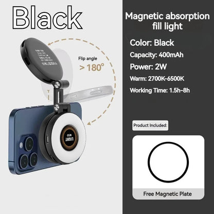 2in1 Portable Foldable Magnetic Rechargeable Ring Fill Light Phone Holder Perfect for Travel, Desktop, Selfies, Video, Makeup