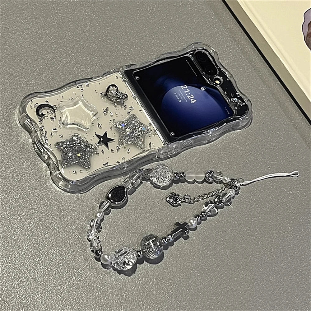 Korean 3D Glitter Star Clear Phone Case For Samsung Galaxy Flip 7/6 Flip5 Flip4 Flip3 Epoxy Cover Wavy Border Protective Cover