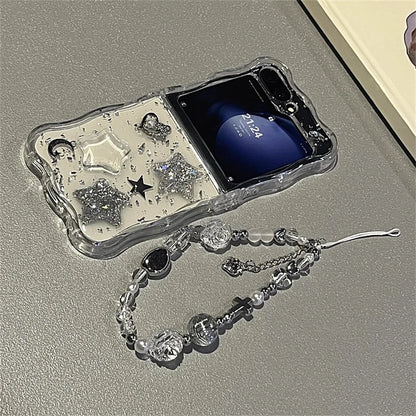Korean 3D Glitter Star Clear Phone Case For Samsung Galaxy Flip 7/6 Flip5 Flip4 Flip3 Epoxy Cover Wavy Border Protective Cover