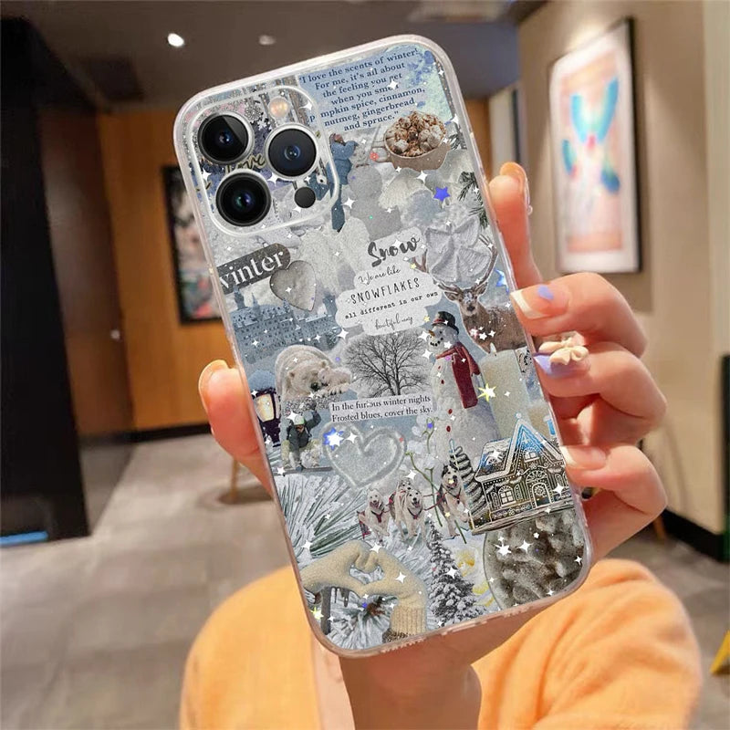 Winter Christmas Snowflake Phone Case Carcasa Funda For iPhone 17 Pro Max Air 17 16 15 14 13 Pro Max 15 16 Pro 16E Case
