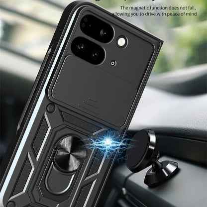 Full Camera Lens Protection Phone Case For Google Pixel 9 Pro Fold 5G Armor Metal Rotating Ring Silicone Soft Back Cover Cases