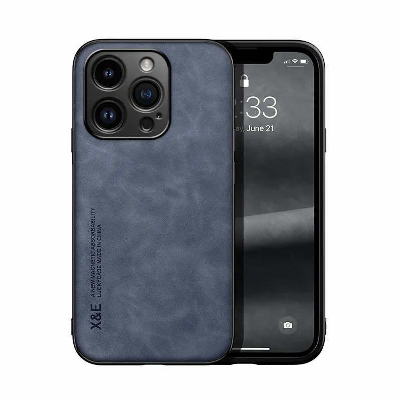 Luxury Leather Case For iPhone 16 16e 15 14 13 12 11 Pro Max Plus 12 13 Mini X XS SE 8 7 Cover With Metal Plate Support Car Hold