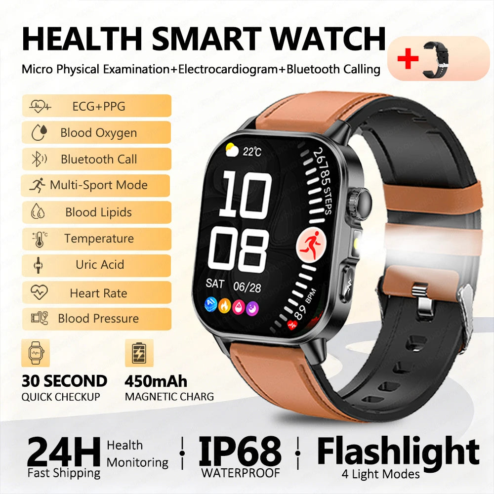 2026 New ECG Smart Watch Blood Pressure Blood Oxygen Uric Acid Monitoring IP68 Waterproof 450mAh Health Smart Watch Men Women