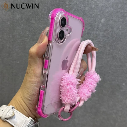 Hybrid Color Transparent Armor Case For iPhone 16 15 14 11 12 13 Pro Max Plus X Xr Xs Plush Wrist Strap Airbag Shockproof Cover