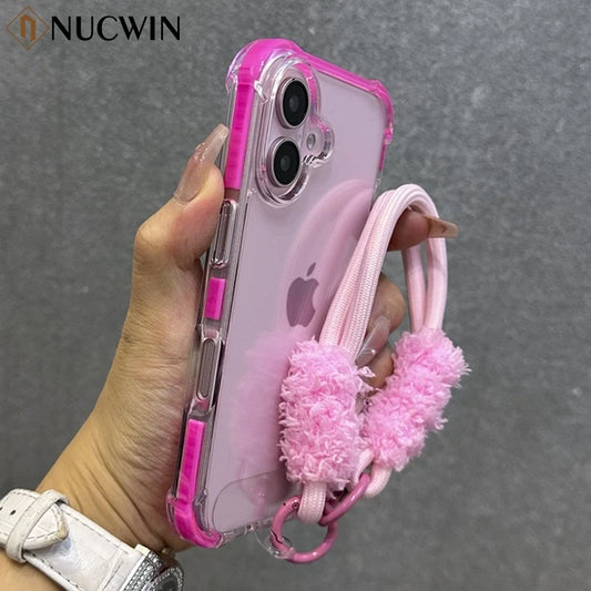 Hybrid Color Transparent Armor Case For iPhone 16 15 14 11 12 13 Pro Max Plus X Xr Xs Plush Wrist Strap Airbag Shockproof Cover