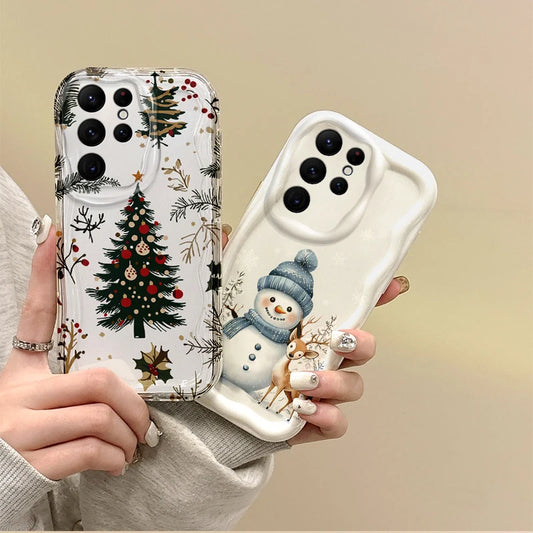Cute Christmas Tree Snowman Phone Case For Samsung Galaxy S25 S24 S23 S22 Ultra Plus S21 FE A73 A72 A55 A54 Soft Silicone Cover