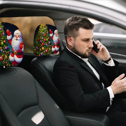 2 pieces of Christmas tree and Santa Claus patterned car headrest covers, holiday gifts, retractable and washable