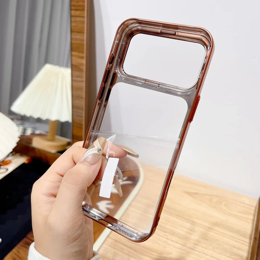 Plating Fold Glass Camera Stand Holder Phone Case For iPhone 17 17Pro 17Air 17 Pro Max Ultra Thin Transparent Shockproof Cover