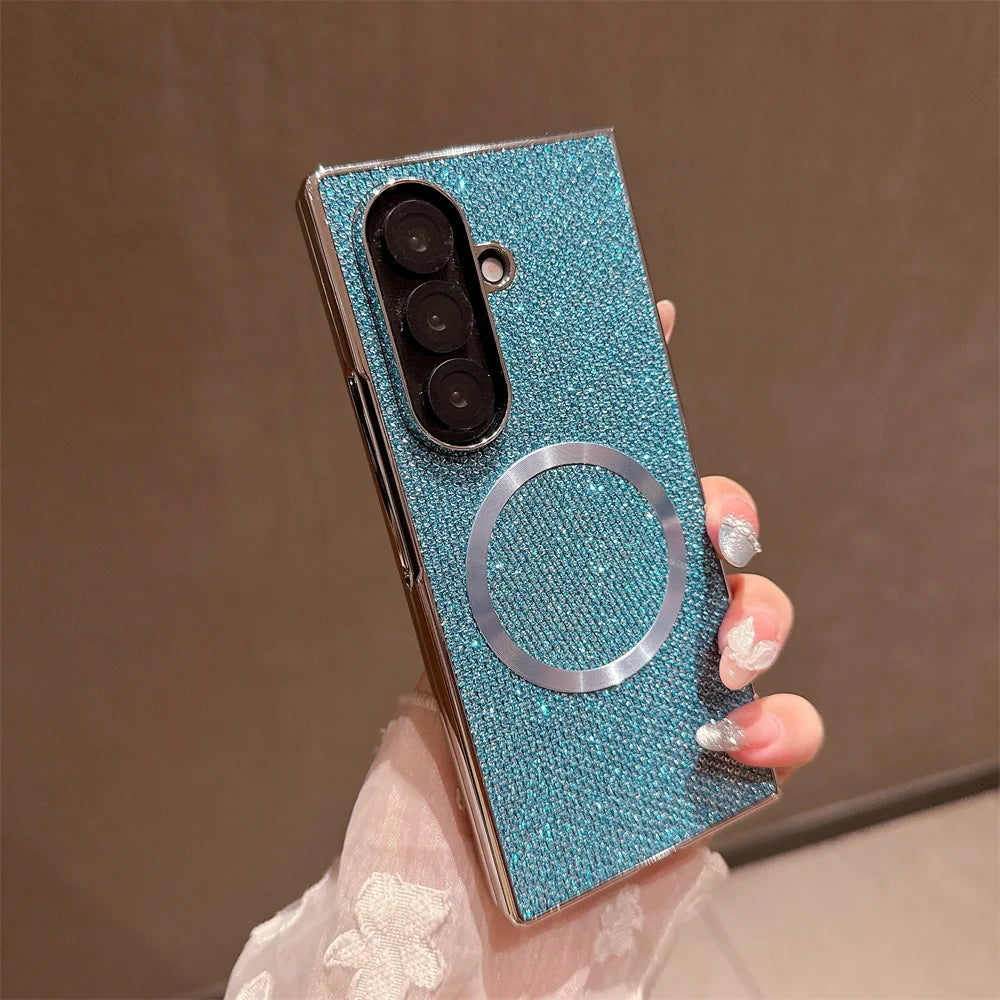 Luxury Magnet Magnetic Mini Diamond Glitter Phone Case For Samsung Z Fold 7 6 5 4 3 For Magsafe Wireless Charging Plating Cover