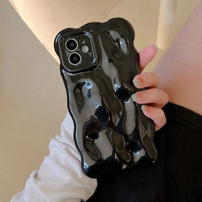 Korean Glossy 3D Meteorite Texture Macaron Solid Color Case For iPhone 14 Pro 13 12 Pro 11 Pro Max Wave Phone Shockproof Shell