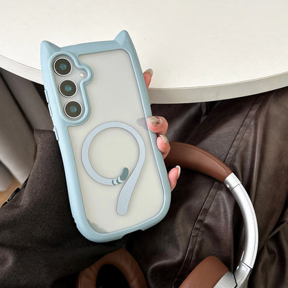 Magnetic Magsafe Case For Galaxy S25 Plus Lovely Cat Ear Cover For Samsung Galaxy S23 S24 Transparent Hard Shockroof Phone Shell