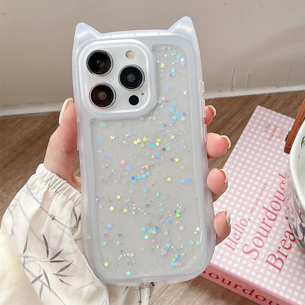 Cute Cartoon Cat Ear Glitter Sequins Transparent Case  For iPhone 16 15 Plus 14 Pro Max 13 12 11 Soft Silicone Shockproof Cover