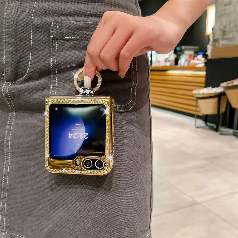 Leather Plating  Ring Phone Case For Samsung Galaxy Z Flip 7 6 Flip 5 Zflip 4 3 Bling Diamond Shockproof Cover Funda