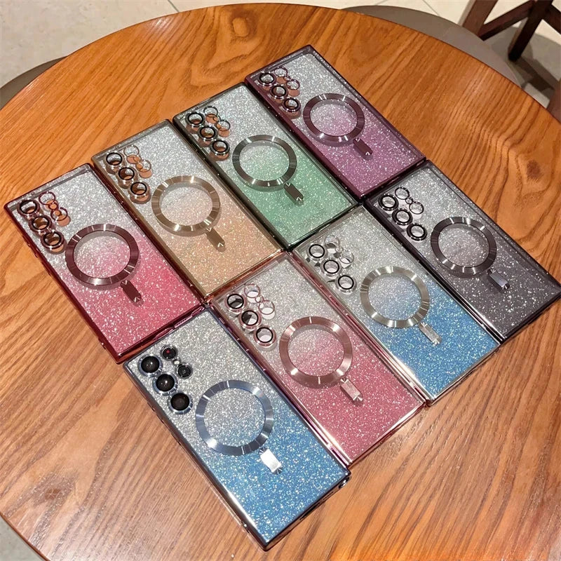 Glitter Luxury Magnetic Woman Case For Magsafe For Samsung Galaxy S24 S23 S22 S25 Ultra Plus Accessories Wireless Charging Cover