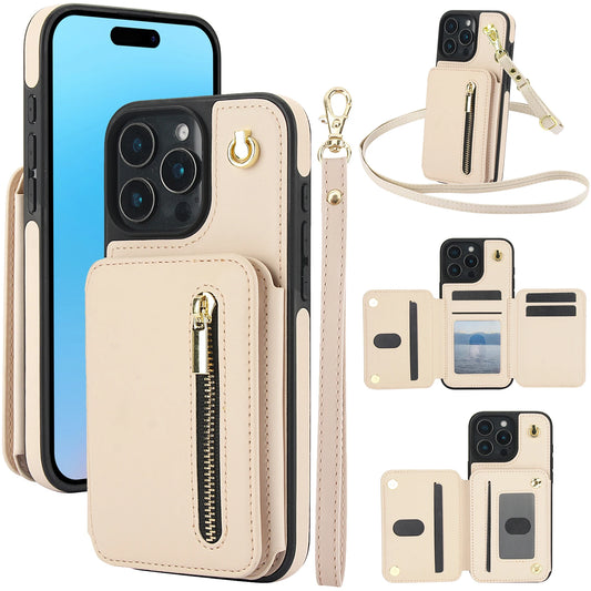 Card Slots Zipper Leather Wallet Case Flip Phone Case for IPhone 11 12 13 14 15 16 17 Pro Max Plus Promax 16e Ring Lanyard Purse
