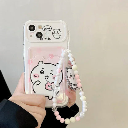 Cute Cartoon Japan Anime Chiikawa Card Wallet Pocket Phone Case For iPhone 16 15 14 13 12 11 Pro Max Cover With Lanyard