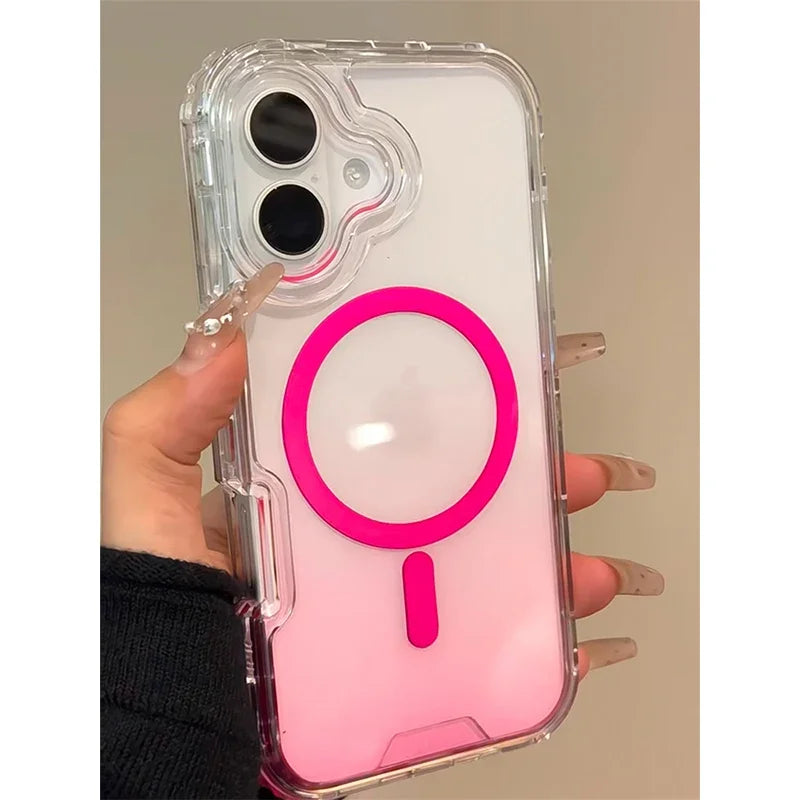 3 IN 1 Gradient Clear Magnetic Shockproof Case For iPhone 16 15 14 13 12 11 Pro Max Ultra Slim Anti Slip Wireless Charging Cover